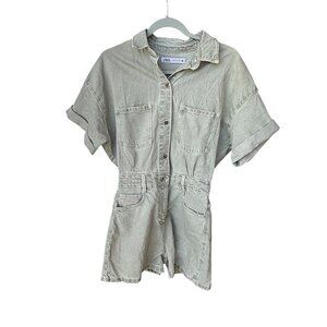 Zara Womens Short-Sleeve Button-Up Denim Romper Size S Light Gray Cotton Blend